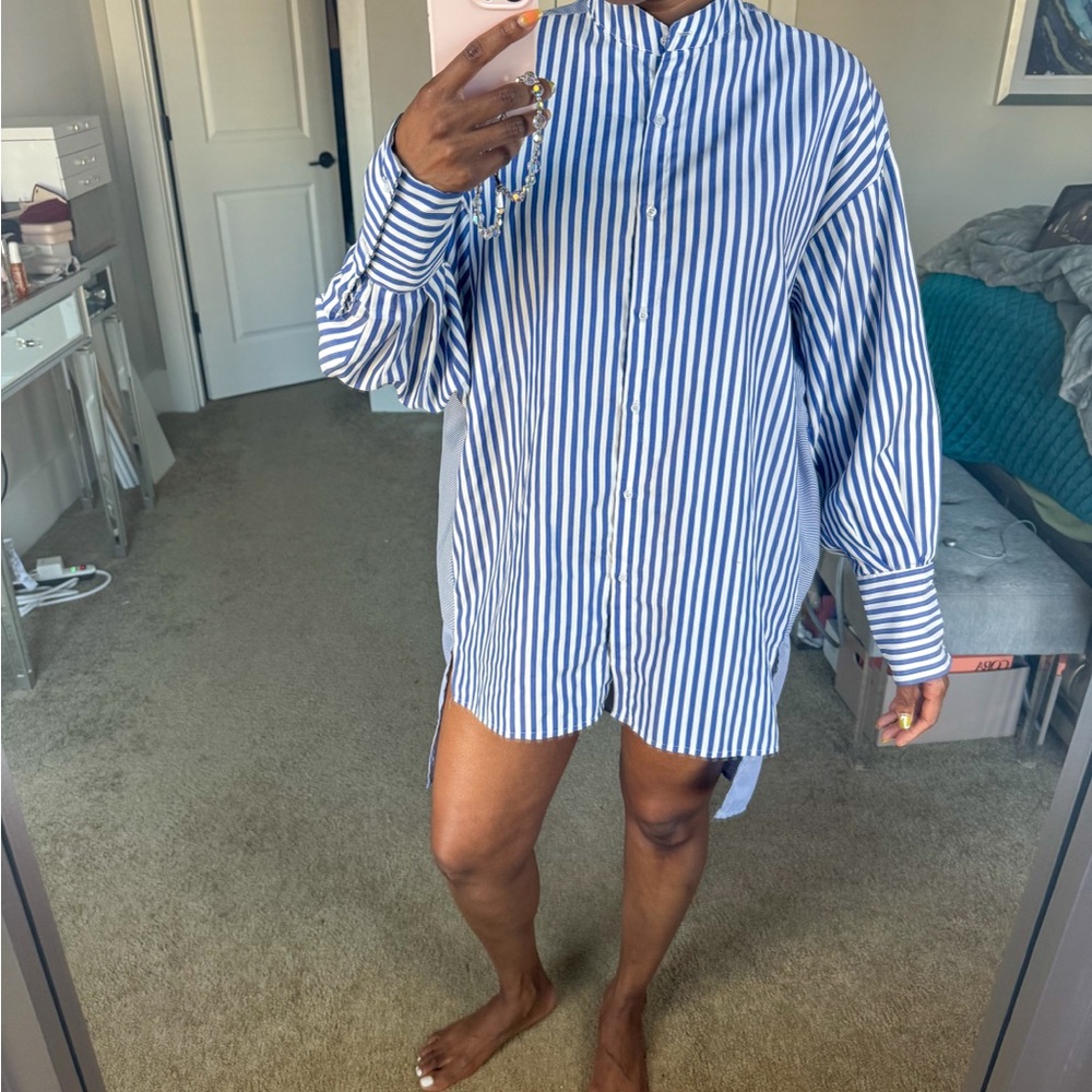 Nasty Gal blue and white long high low oversized shirt